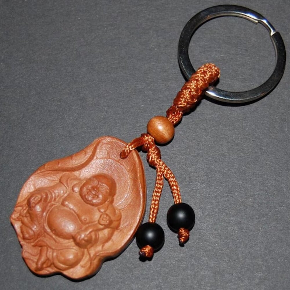 Wooden Buddha Keychain,Gemstone Beads,Good Wishes Keychain,Pray,Peace